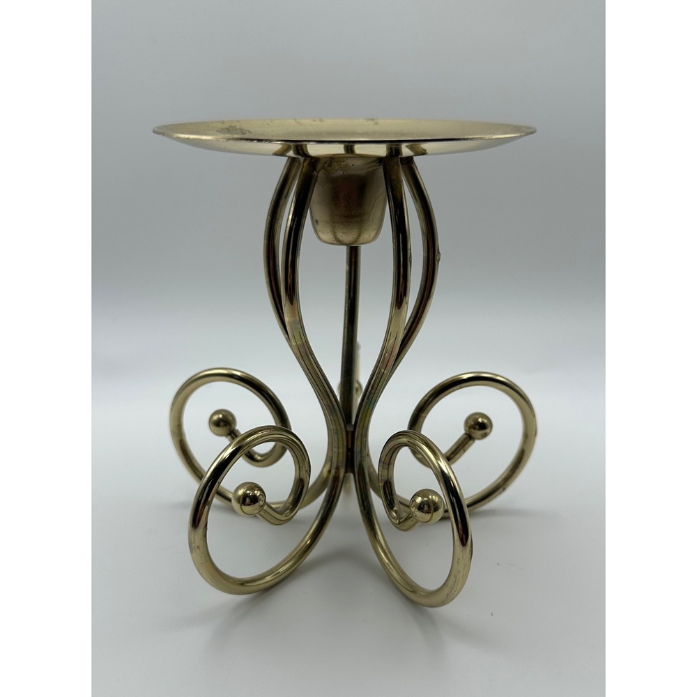 Vintage Brass Scroll Pillar Candle Holder Gold Mid Century Modern Taper‎ Stand